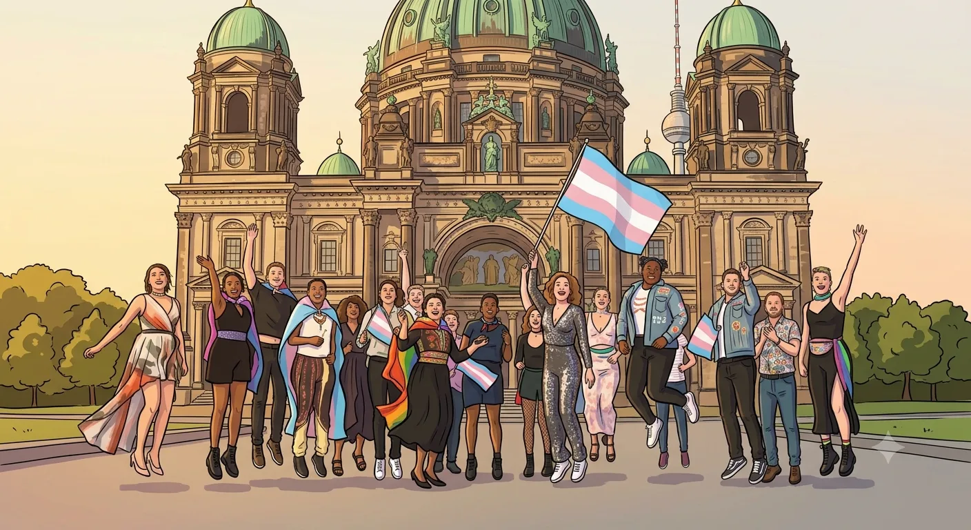 Queere Gruppe mit Transflagge vor dem Berliner Dom