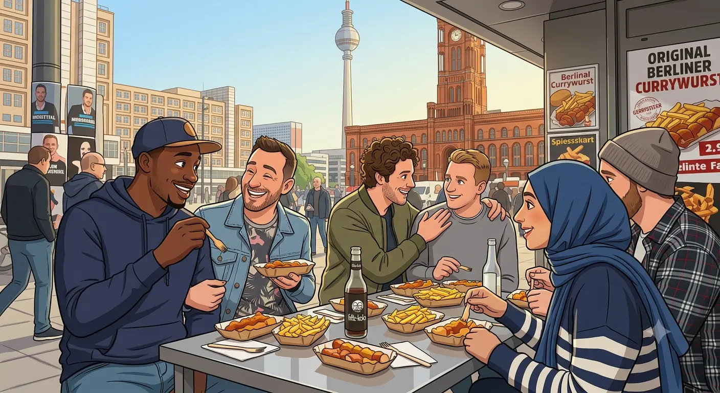Freund*innen essen Currywurst am Alexanderplatz