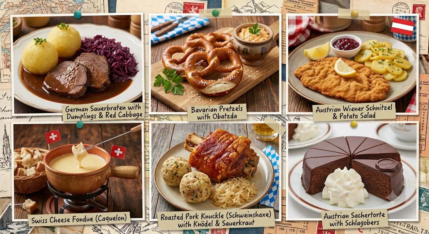 Traditionelle DACH-Gerichte: Sauerbraten, Brezeln, Schnitzel, Fondue und Sachertorte
