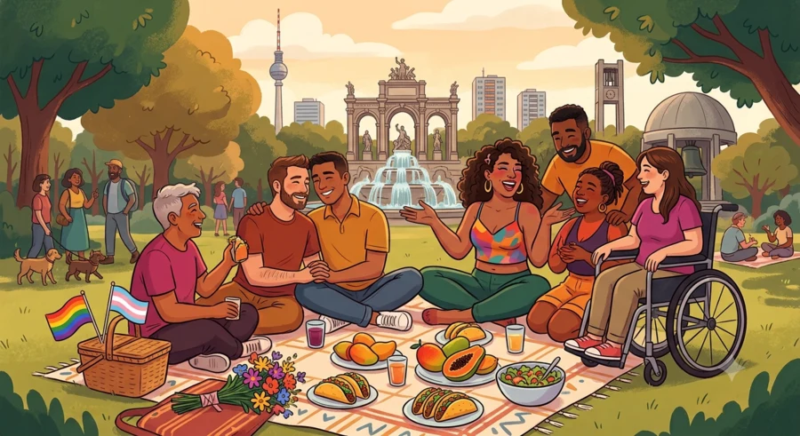Queere Gruppe beim Picknick im Berliner Park mit Fernsehturm