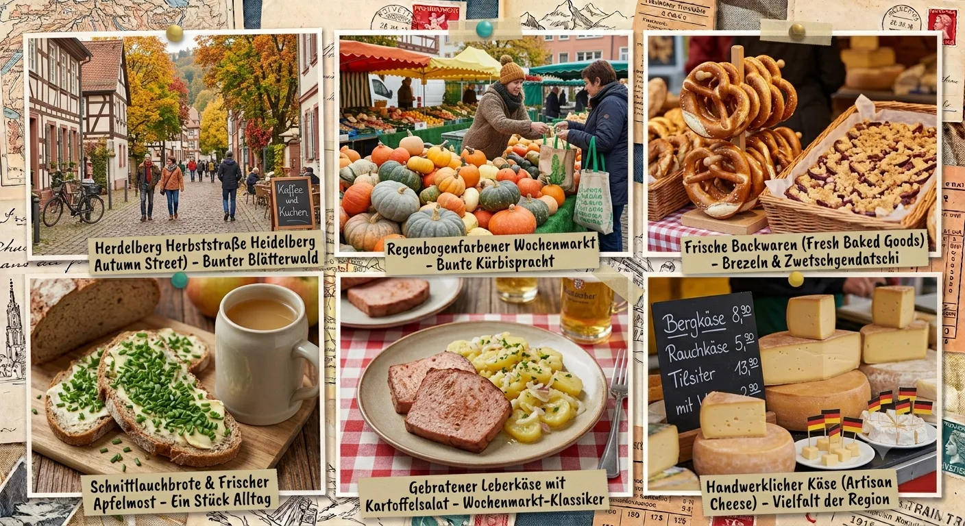 Deutscher Wochenmarkt mit Kürbissen, Brezeln, Käse und Schnittlauchbrot
